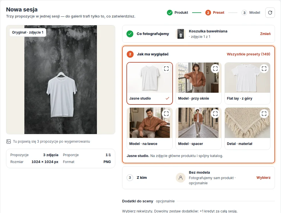 Produkt, zdjęcie źródłowe i ustawienia sesji w panelu GrowPhoto.