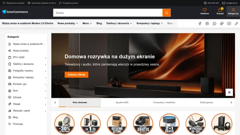 Strona główna sklepu na szablonie Modern 2.0 Electro z wyszukiwarką, kategoriami i banerem.